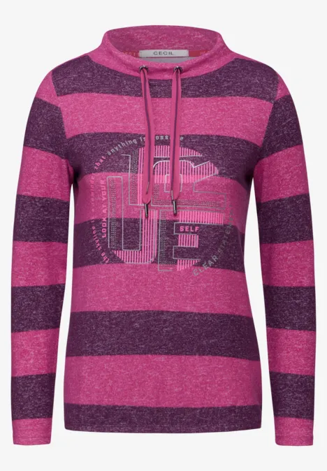 Langarmshirt mit pink-lilanen Streifen und Aufdruck, Kordeln am Kragen.